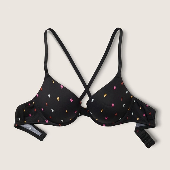 Victoria's Secret PINK Wear Everywhere Push-Up Bra 38B Black Mini Logo NEW - Picture 2 of 5